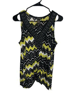Susan Lawrence Yellow Black V-Neck Chevron Studded Tank Top Size L Preppy Chic